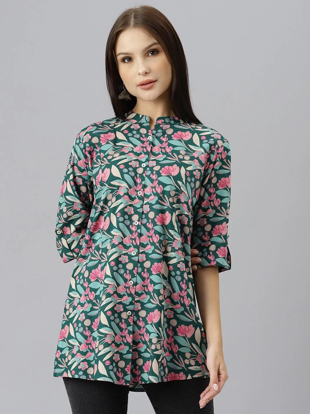 Dark Green Floral Rayon A-Line Shirts Style Top