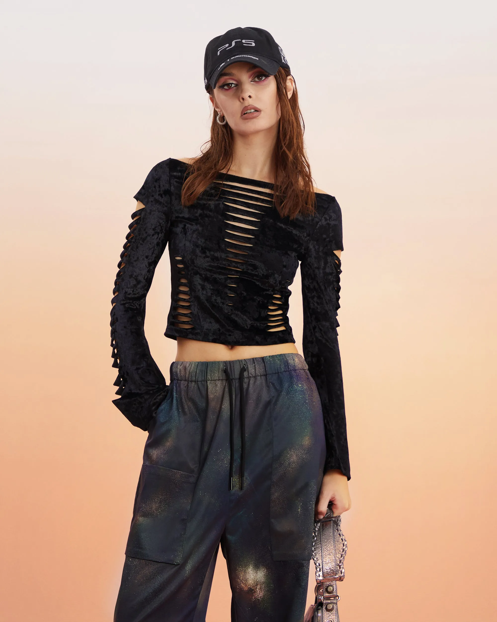Dayami Unicorn Blood Solid Color Off The Shoulder Cut Out Long Sleeve Cropped Top