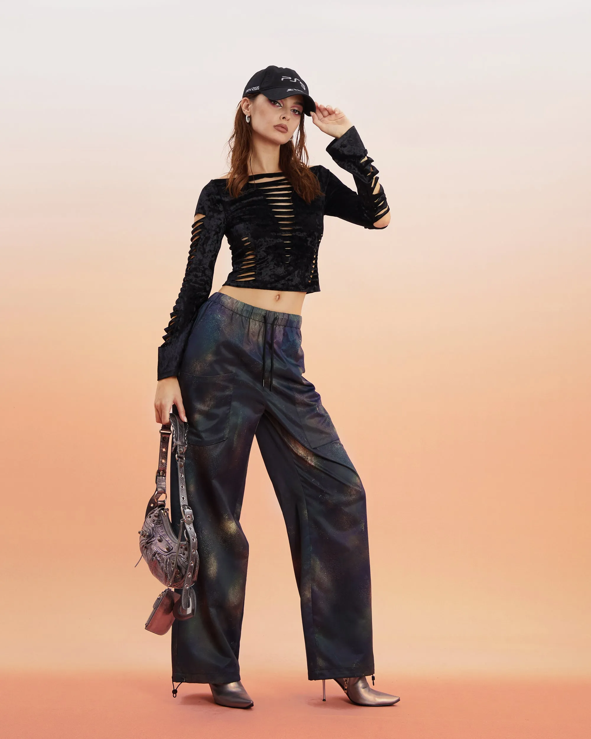 Dayami Unicorn Blood Solid Color Off The Shoulder Cut Out Long Sleeve Cropped Top