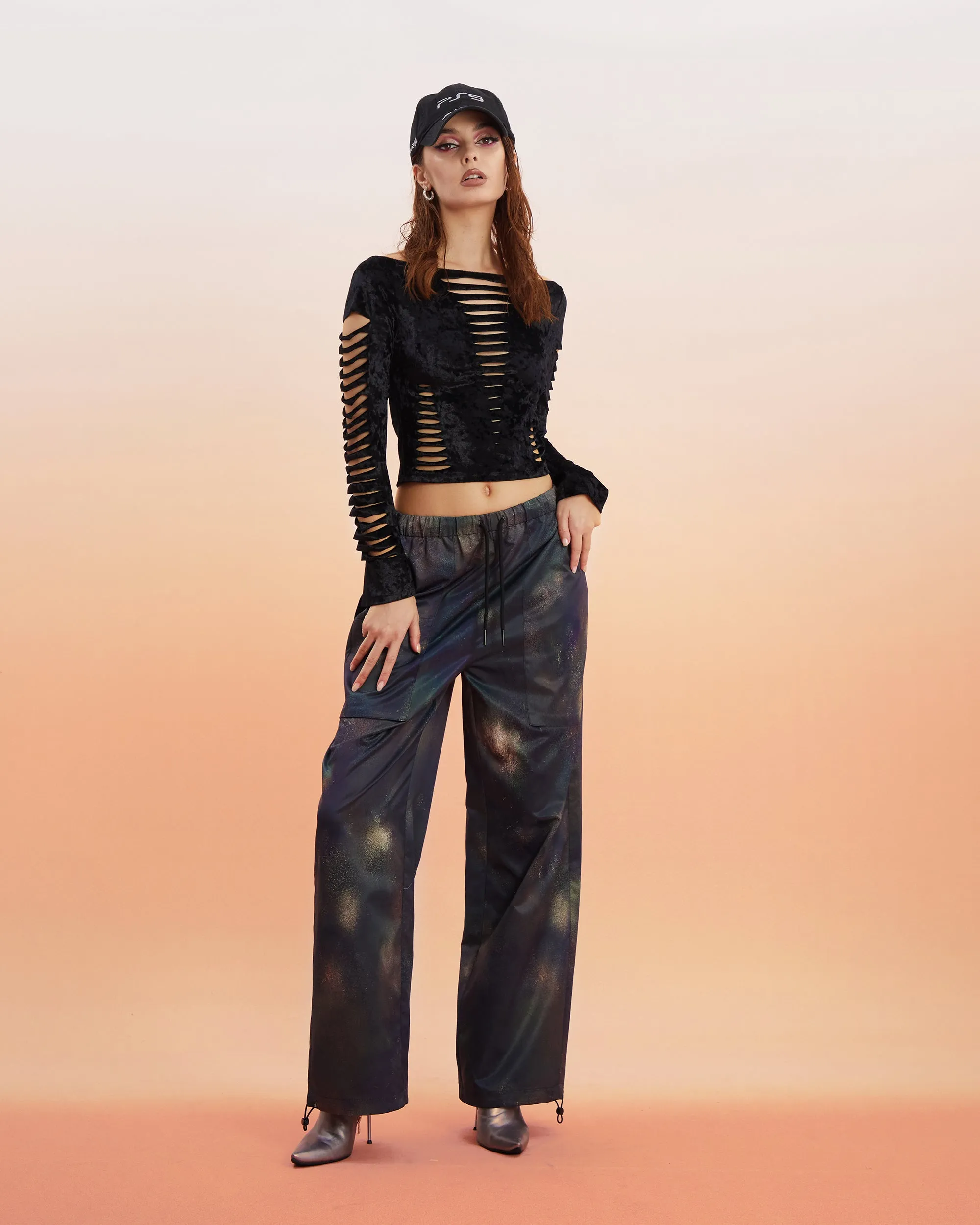 Dayami Unicorn Blood Solid Color Off The Shoulder Cut Out Long Sleeve Cropped Top