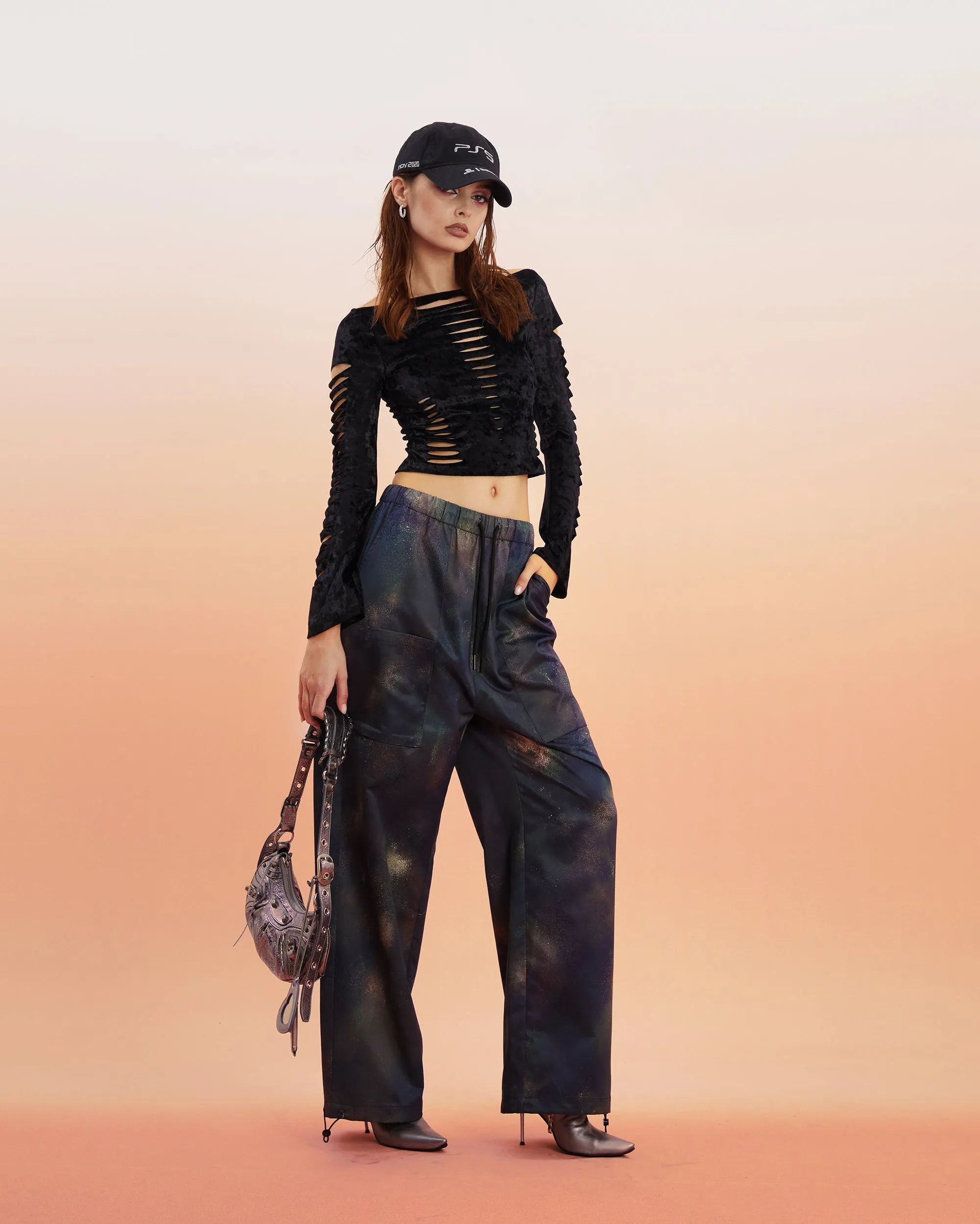 Dayami Unicorn Blood Solid Color Off The Shoulder Cut Out Long Sleeve Cropped Top