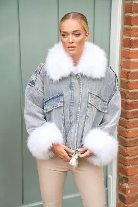 Denim Jacket With White Fox Collar and Cuffs