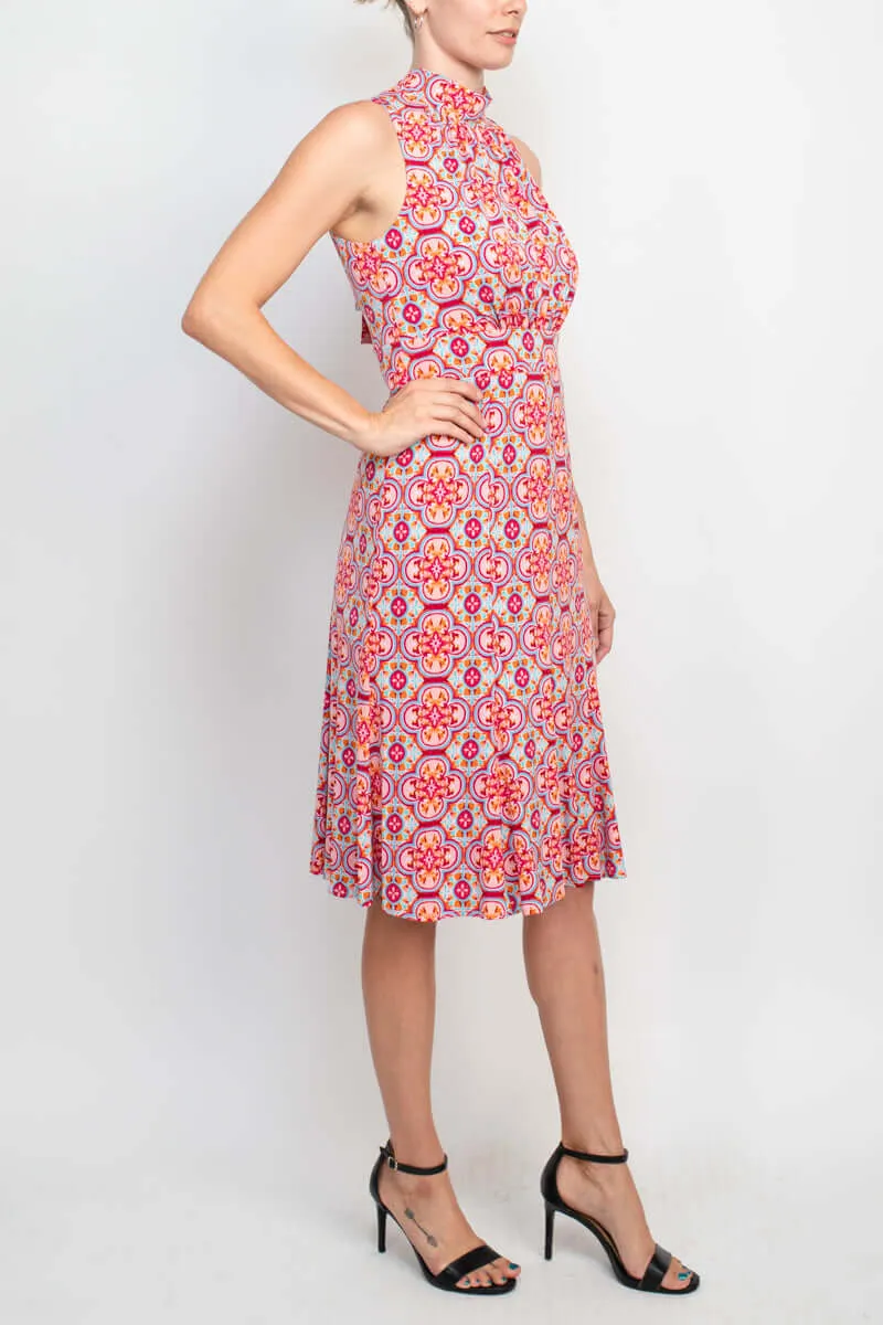 Donna Morgan Ruched High Neck Sleeveless Tie Back Multi Print Jersey Dress