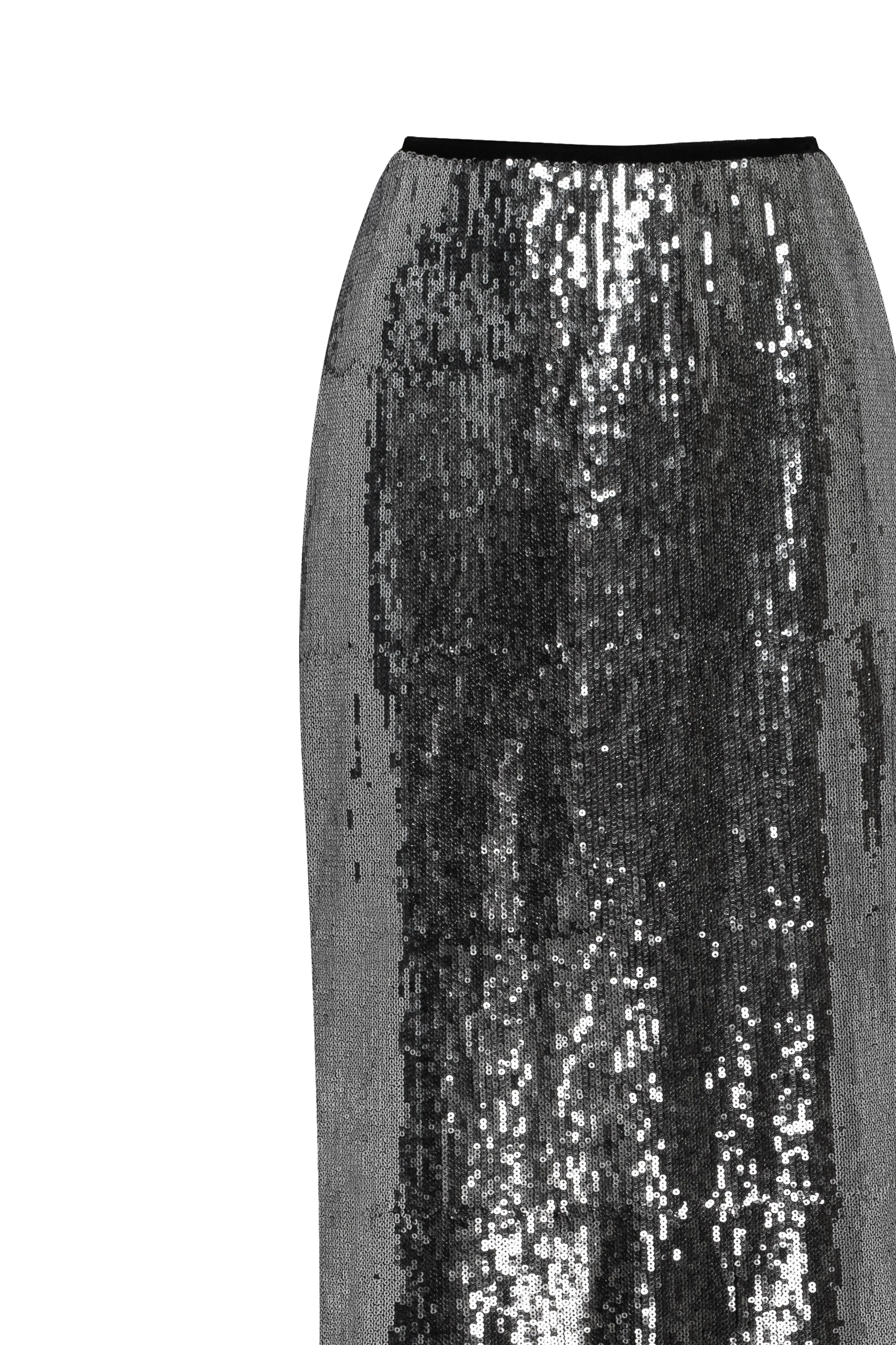 Dramatic fitted sequined gray maxi skirt