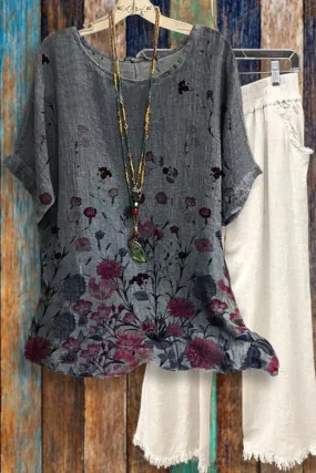 Dunnmall Floral Print Round Neck Loose Casual Tops