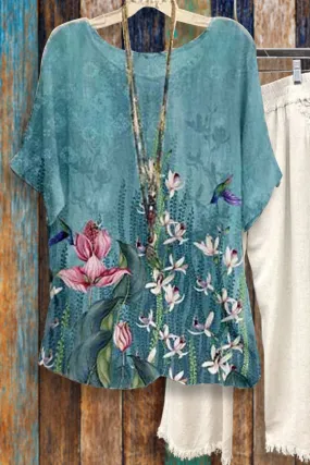 Dunnmall Floral Printed Round Neck Short Sleeve Casual Tops