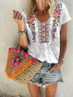 Dunnmall Floral Short Sleeve Cotton Shirts & Tops