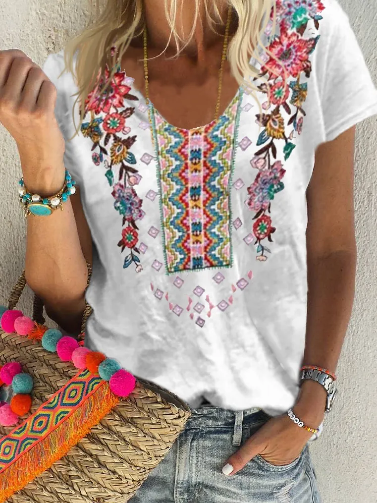 Dunnmall Floral Short Sleeve Cotton Shirts & Tops