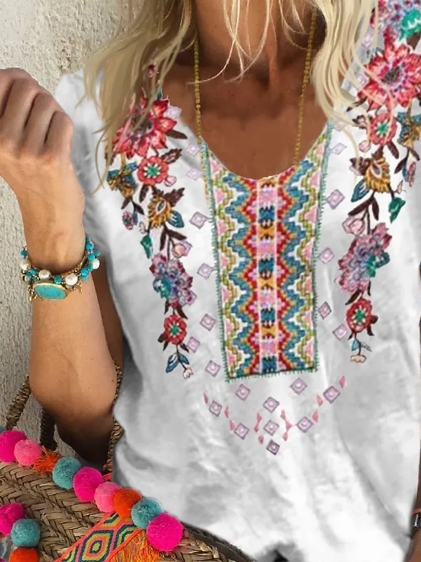 Dunnmall Floral Short Sleeve Cotton Shirts & Tops