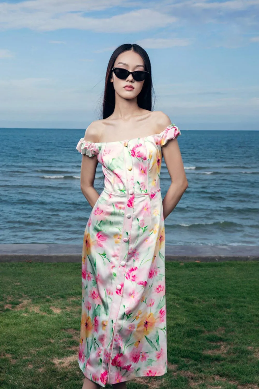 Elena A-line Off-Shoulder Silk Satin Midi Dress