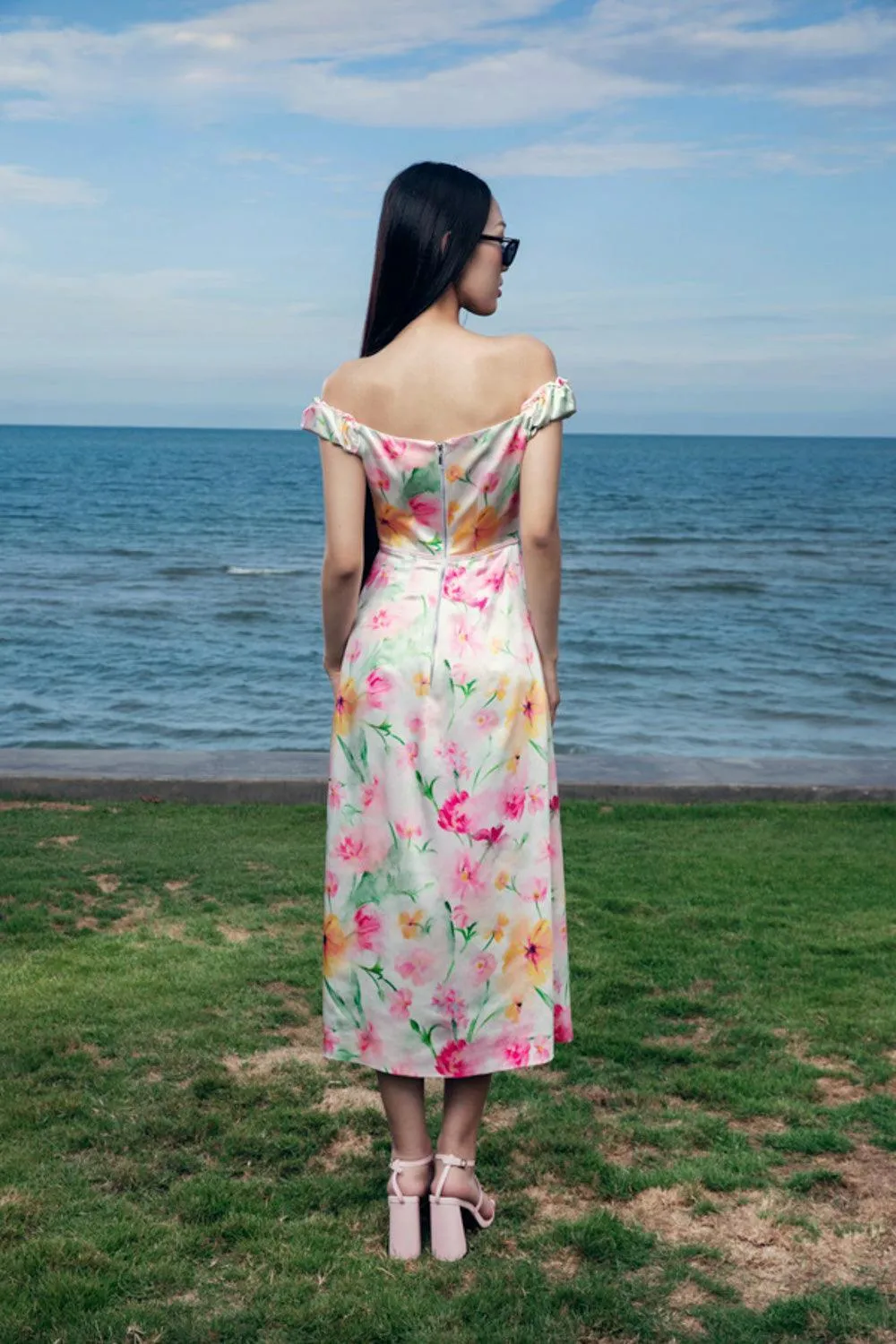 Elena A-line Off-Shoulder Silk Satin Midi Dress