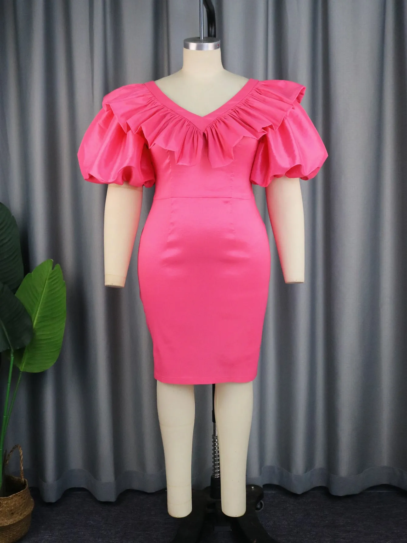 Fashionable Lantern Sleeves and Ruffled Hem Pencil Skirt Dress