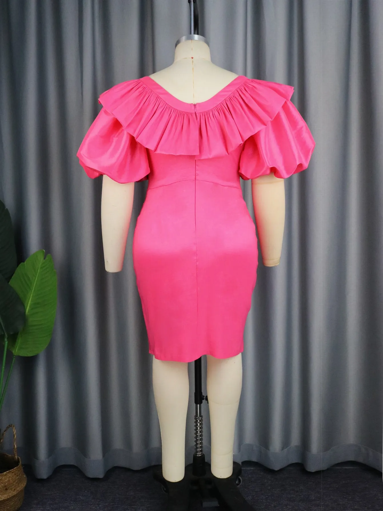 Fashionable Lantern Sleeves and Ruffled Hem Pencil Skirt Dress