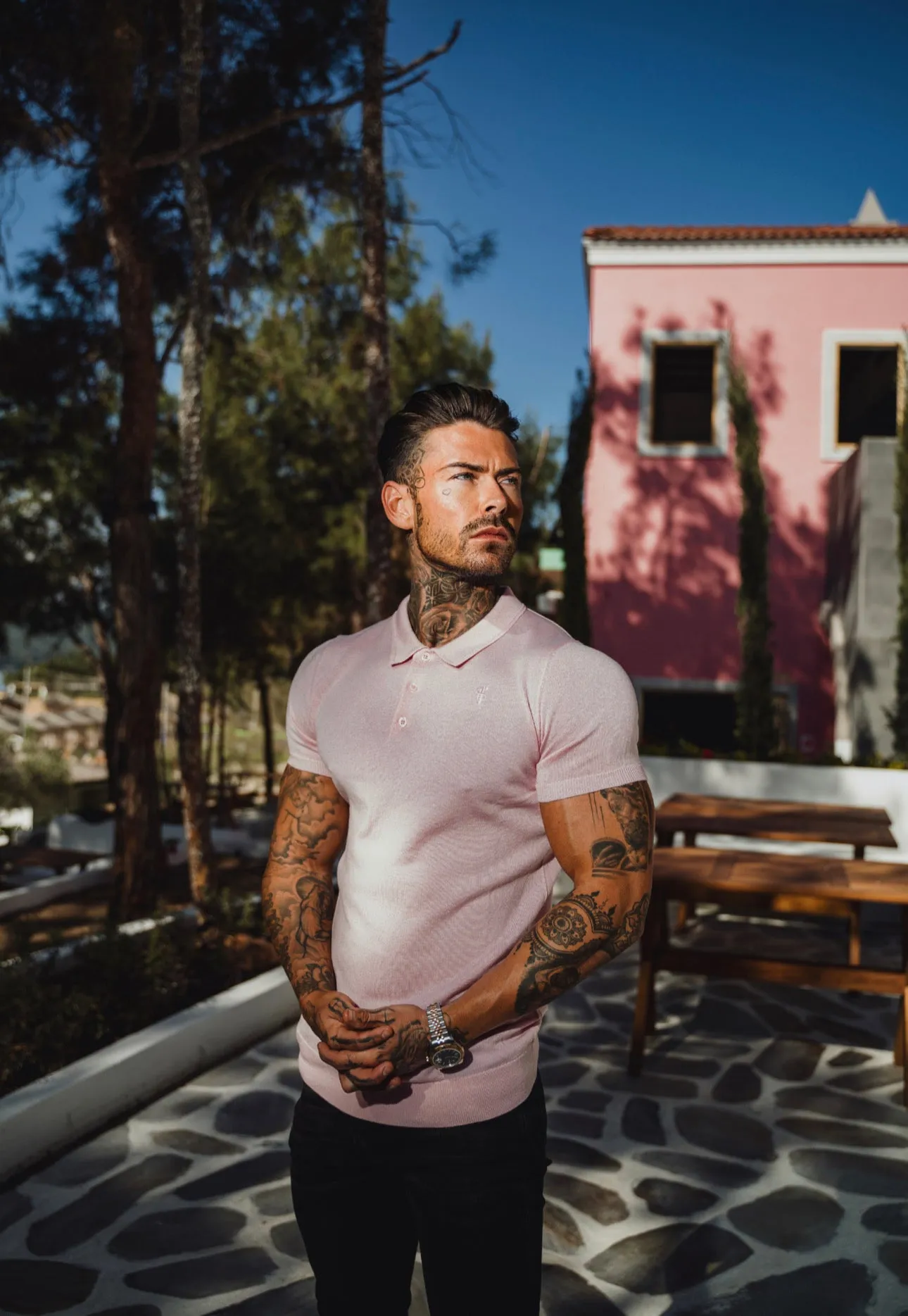 Father Sons Classic Pale Pink Merino Wool Knitted Polo Jumper Short Sleeve With FS Embroidery- FSN028
