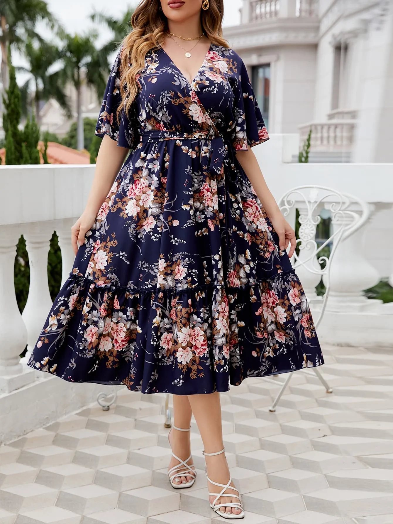 Flower Child Plus Size Floral Surplice Neck Midi Dress