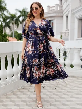 Flower Child Plus Size Floral Surplice Neck Midi Dress