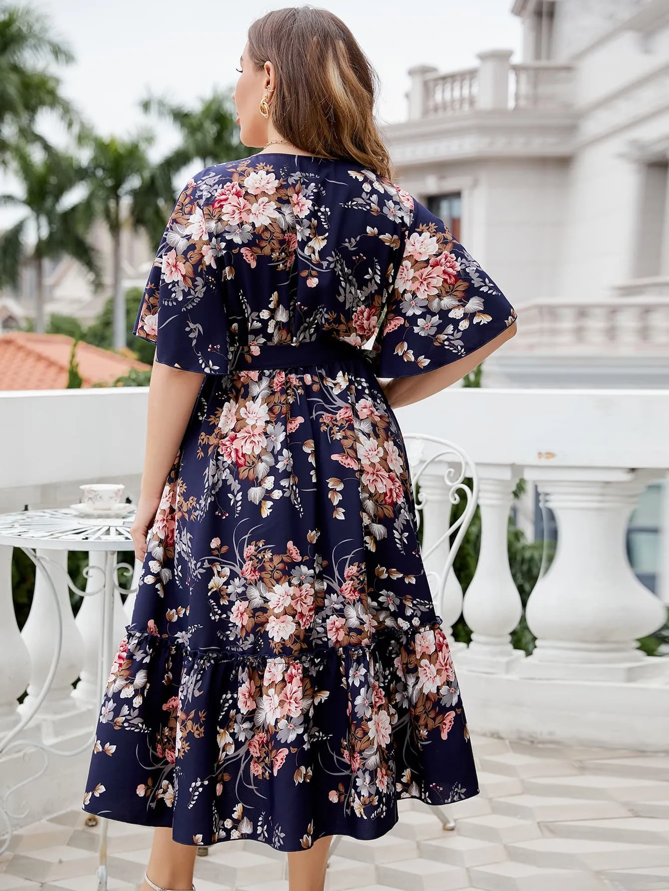 Flower Child Plus Size Floral Surplice Neck Midi Dress