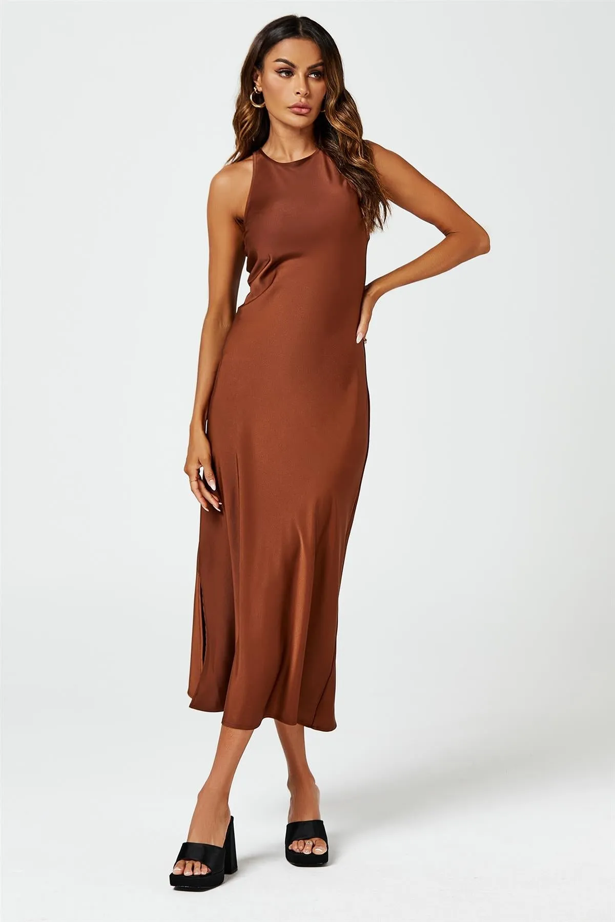 FS Collection Slim Fit Satin Midi Dress In Brown