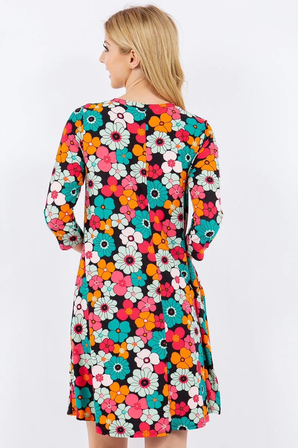 Full Size Floral Three-Quarter Sleeve Dress with Pockets