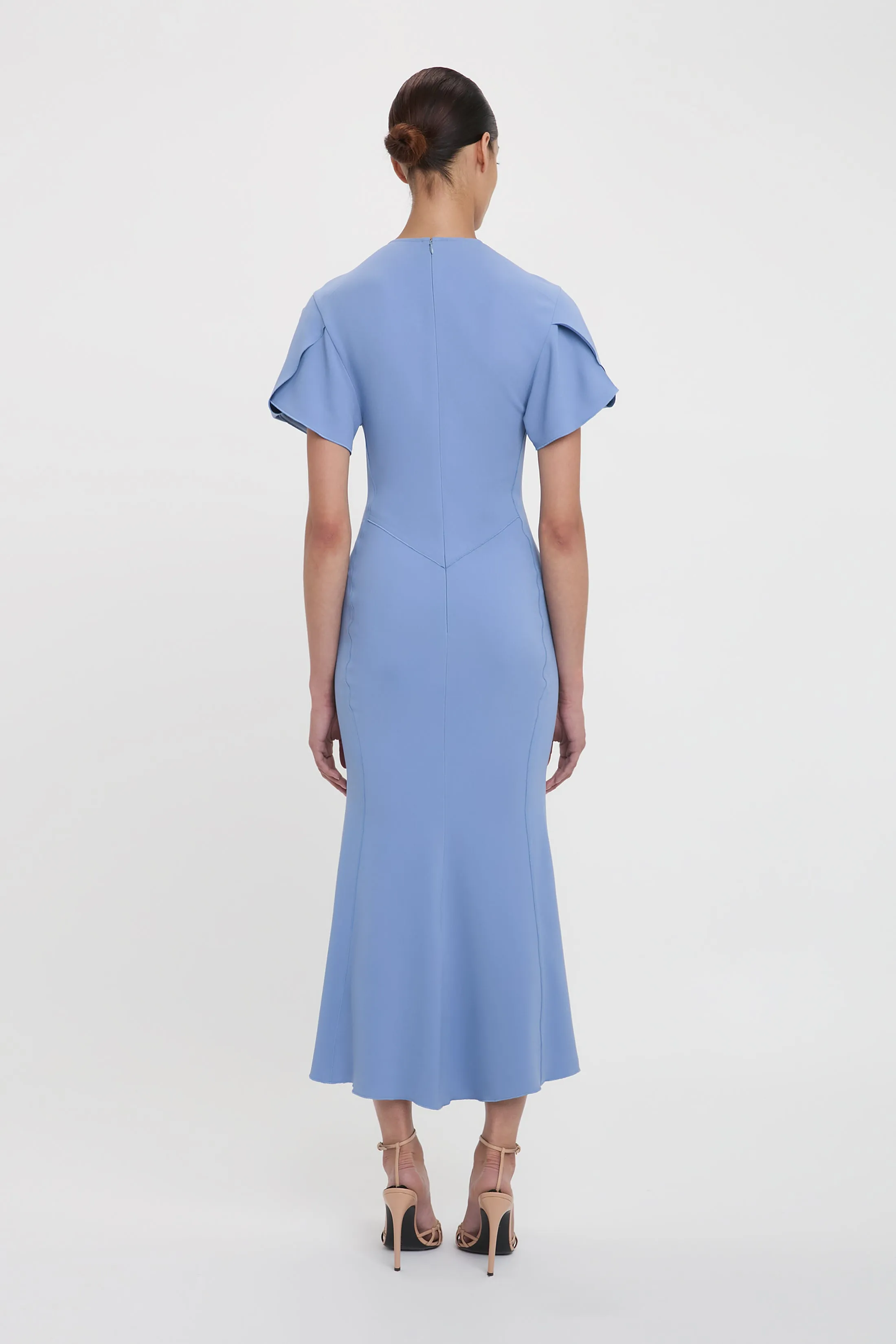 Gathered V-Neck Midi Dress In Bluebell