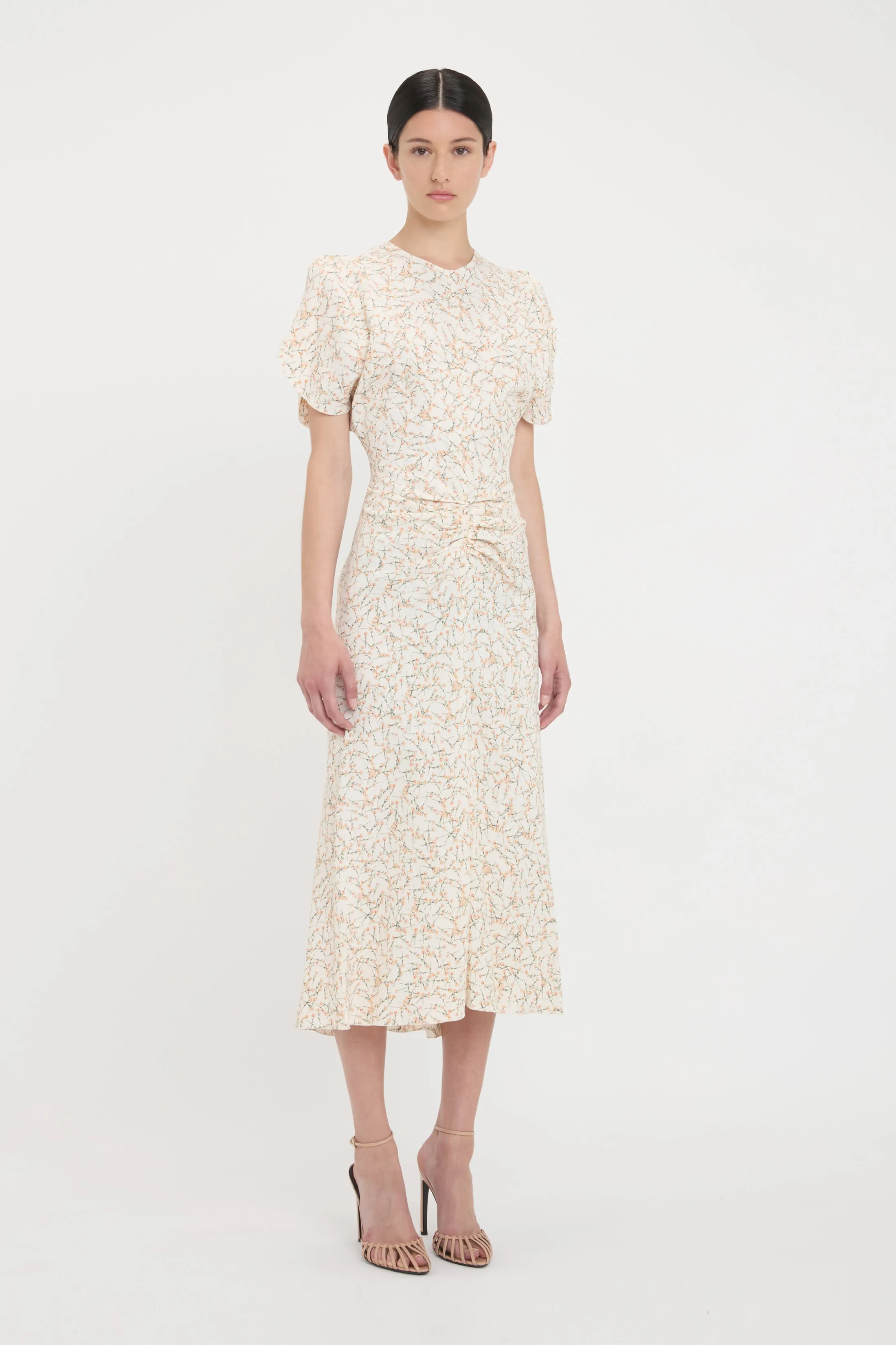 Gathered Waist Midi Dress In Floral Ovation Peach