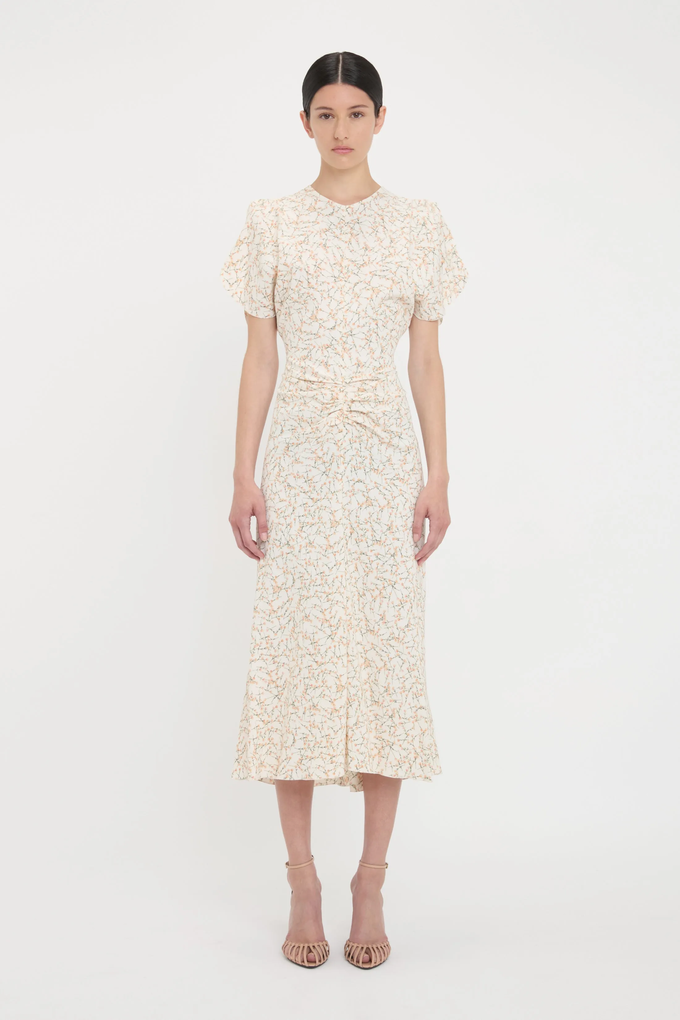 Gathered Waist Midi Dress In Floral Ovation Peach