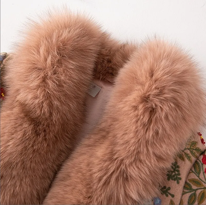 Genuine Fox Fur Patchwork Beading Embroidery Wool Cardigans