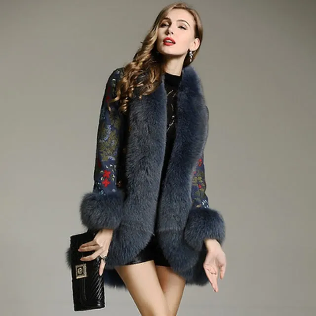 Genuine Fox Fur Patchwork Beading Embroidery Wool Cardigans
