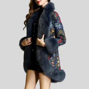 Genuine Fox Fur Patchwork Beading Embroidery Wool Cardigans
