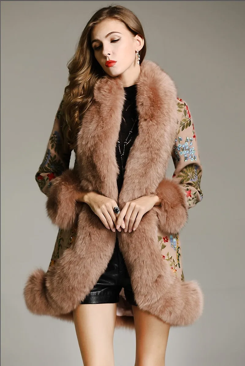 Genuine Fox Fur Patchwork Beading Embroidery Wool Cardigans