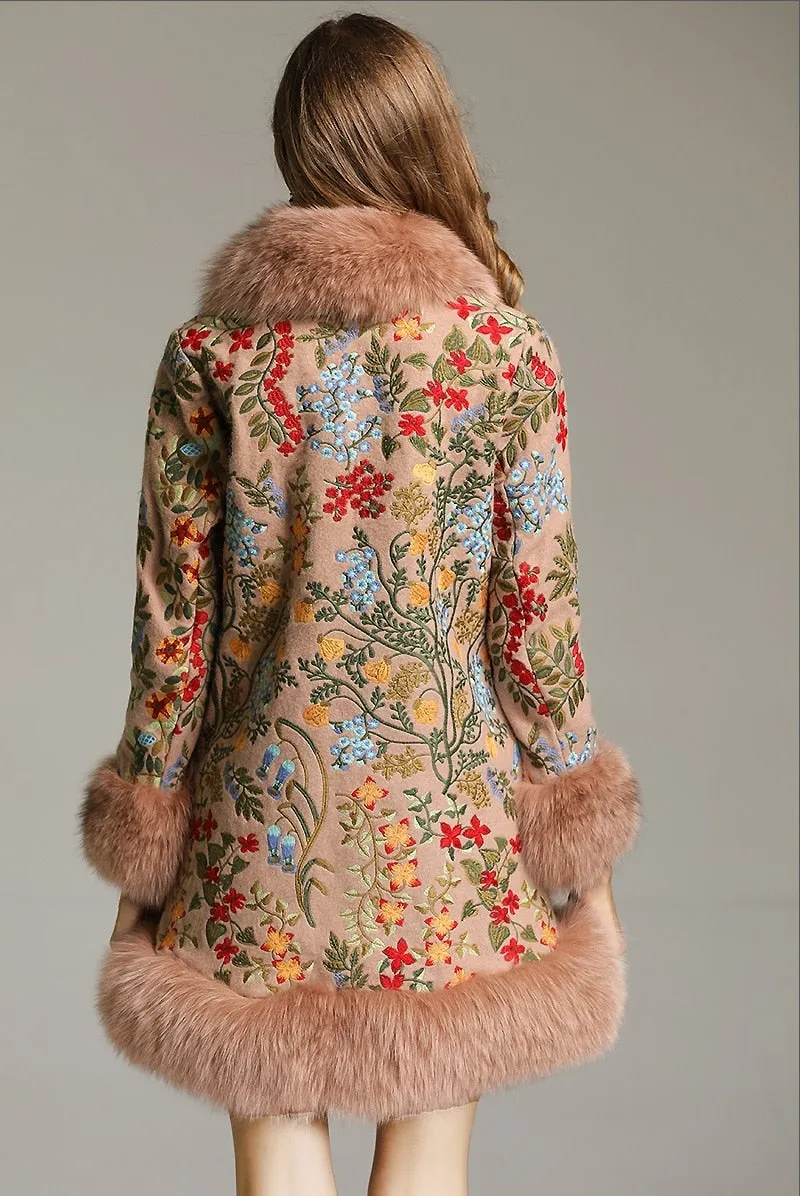 Genuine Fox Fur Patchwork Beading Embroidery Wool Cardigans