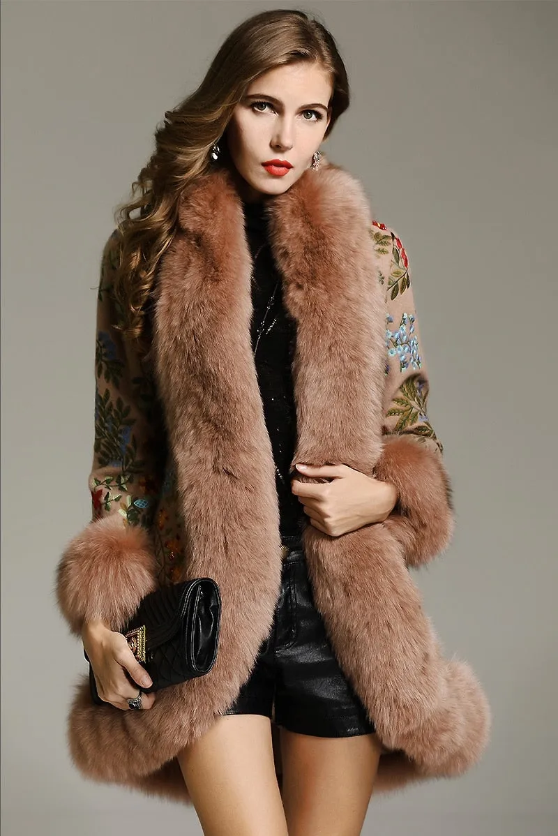 Genuine Fox Fur Patchwork Beading Embroidery Wool Cardigans