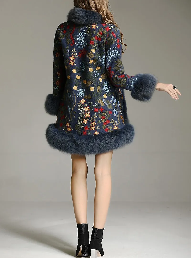 Genuine Fox Fur Patchwork Beading Embroidery Wool Cardigans
