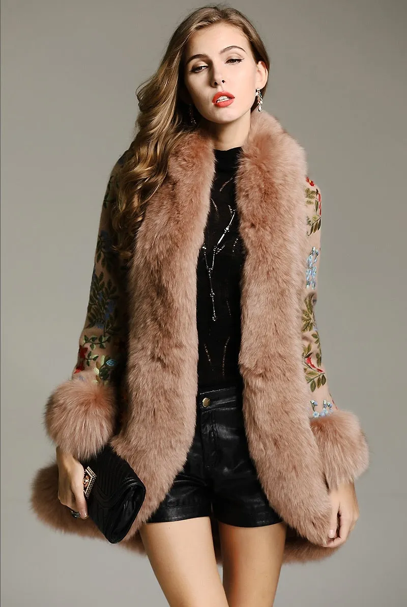 Genuine Fox Fur Patchwork Beading Embroidery Wool Cardigans