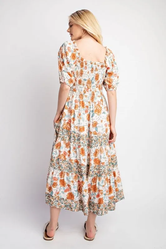 Gigio Floral Print Mixed Midi Dress Smocked Bodice - Cream Mix