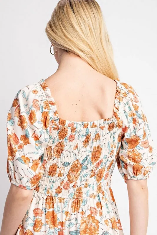 Gigio Floral Print Mixed Midi Dress Smocked Bodice - Cream Mix