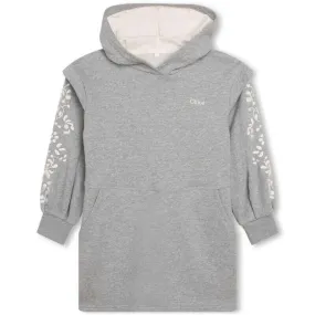 Girls Grey Floral Fleece Hooded Dress