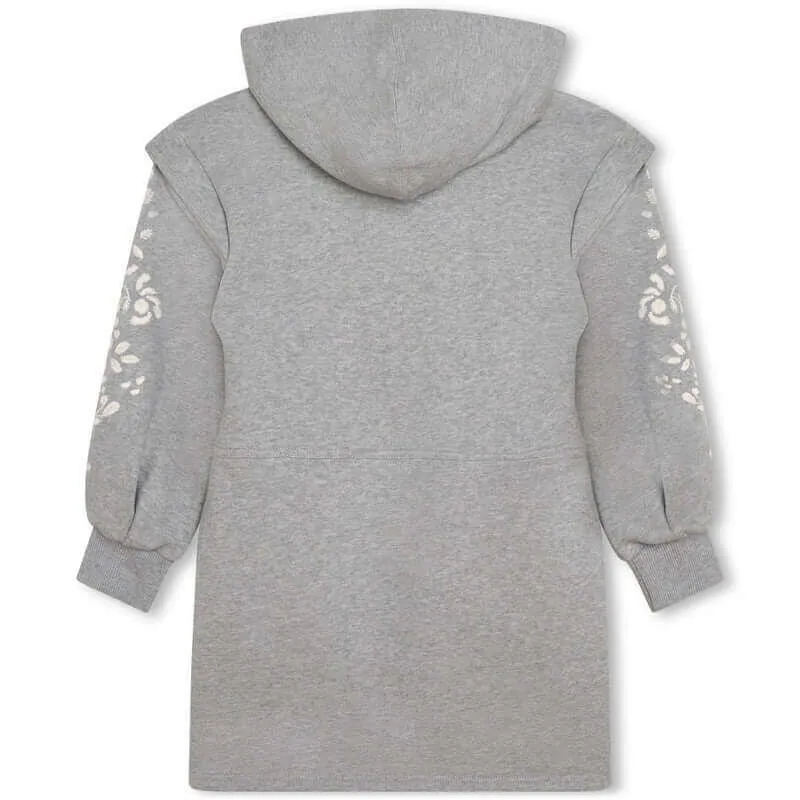 Girls Grey Floral Fleece Hooded Dress