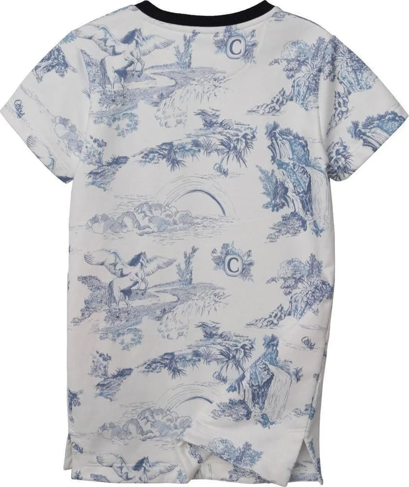 Girls White & Blue Patterned Dress