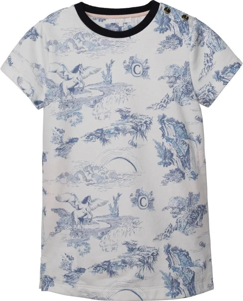 Girls White & Blue Patterned Dress