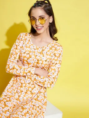 Girls Yellow Floral Midi Skater Dress