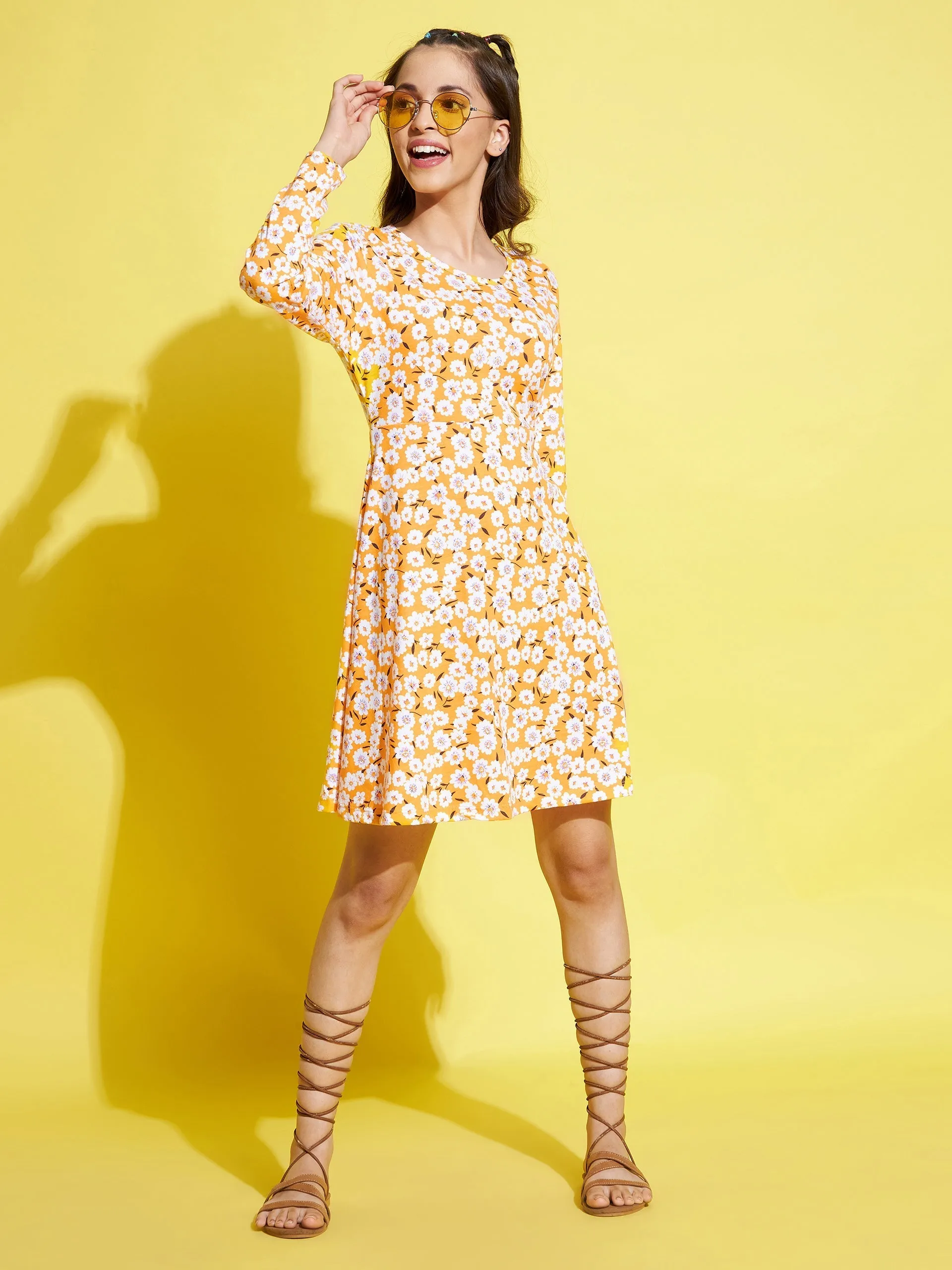 Girls Yellow Floral Midi Skater Dress