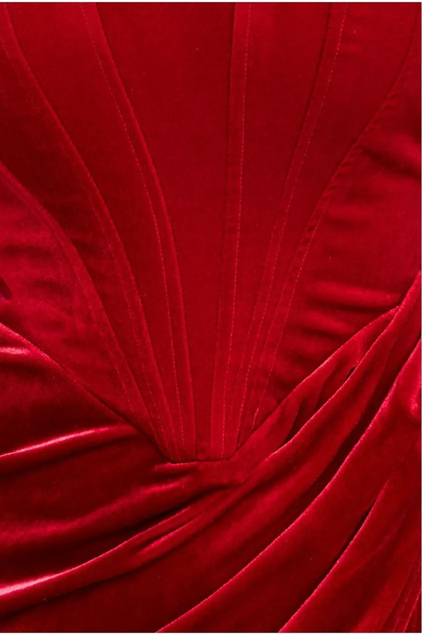 Goddiva Draped Shoulder Velvet Corset Midi - Red