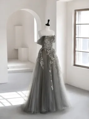 Gray Sweetheart Neck A line Lace Long Prom Dress Gray Formal Dress