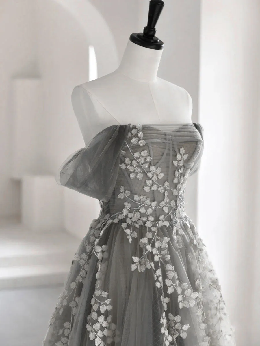 Gray Sweetheart Neck A line Lace Long Prom Dress Gray Formal Dress