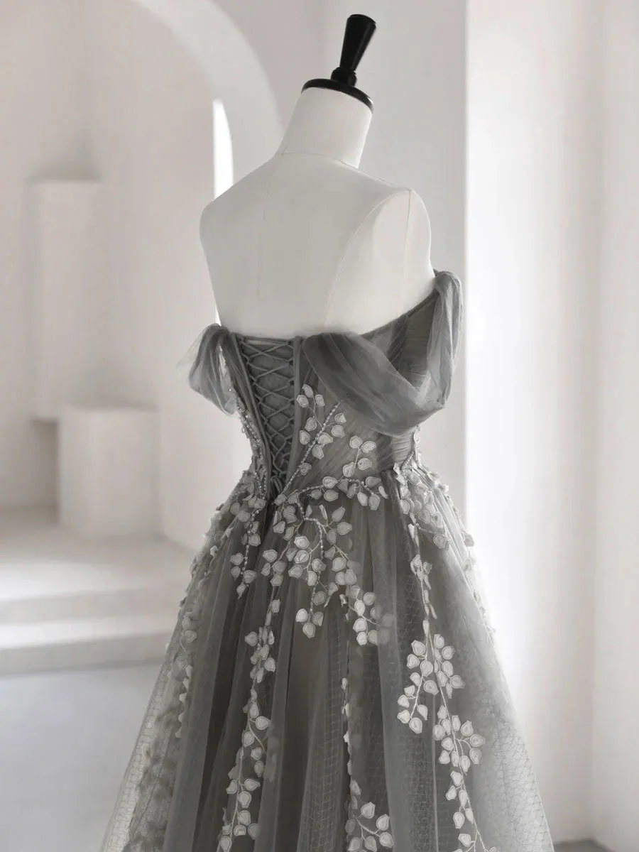 Gray Sweetheart Neck A line Lace Long Prom Dress Gray Formal Dress