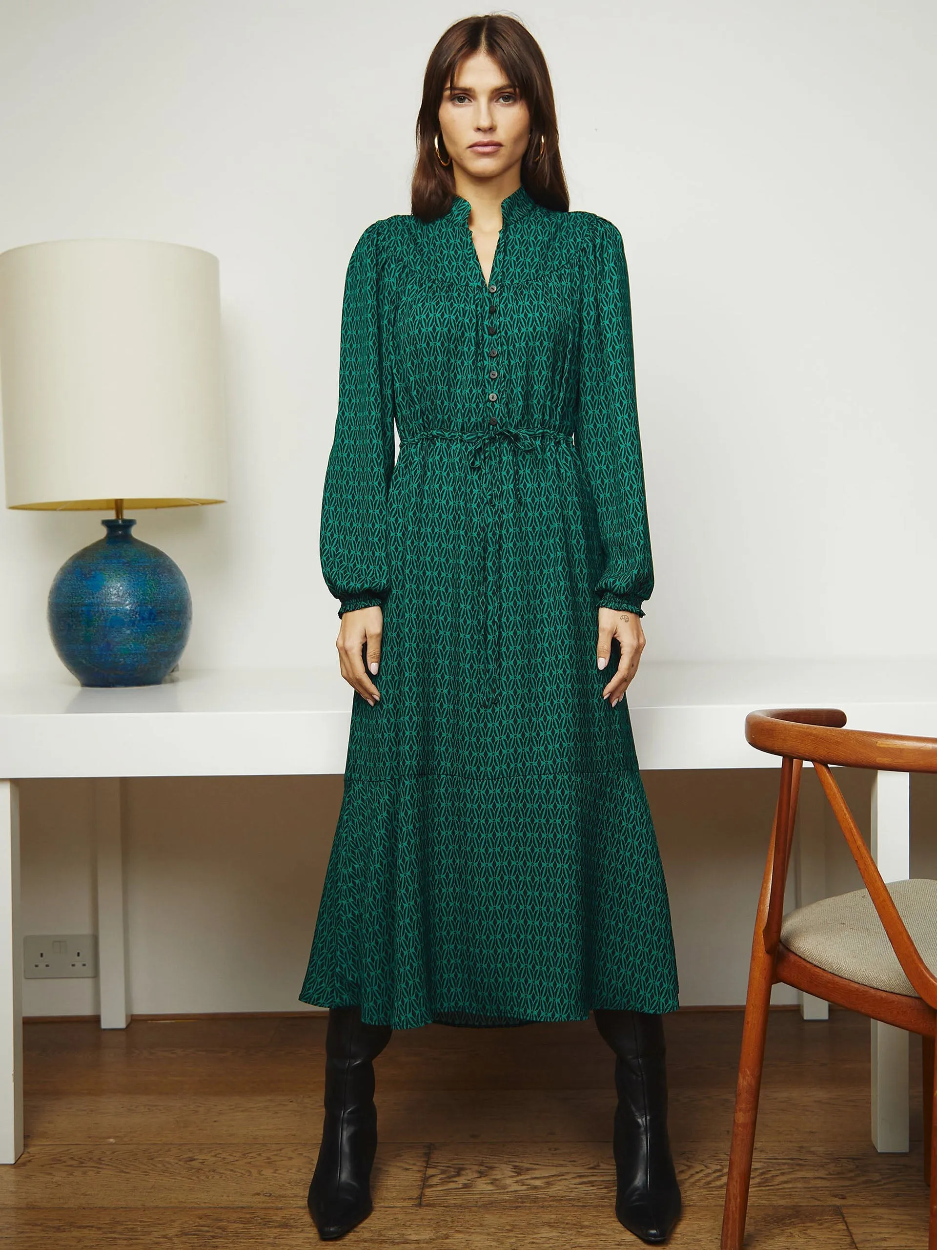 Green black trellis print Zahra midi dress