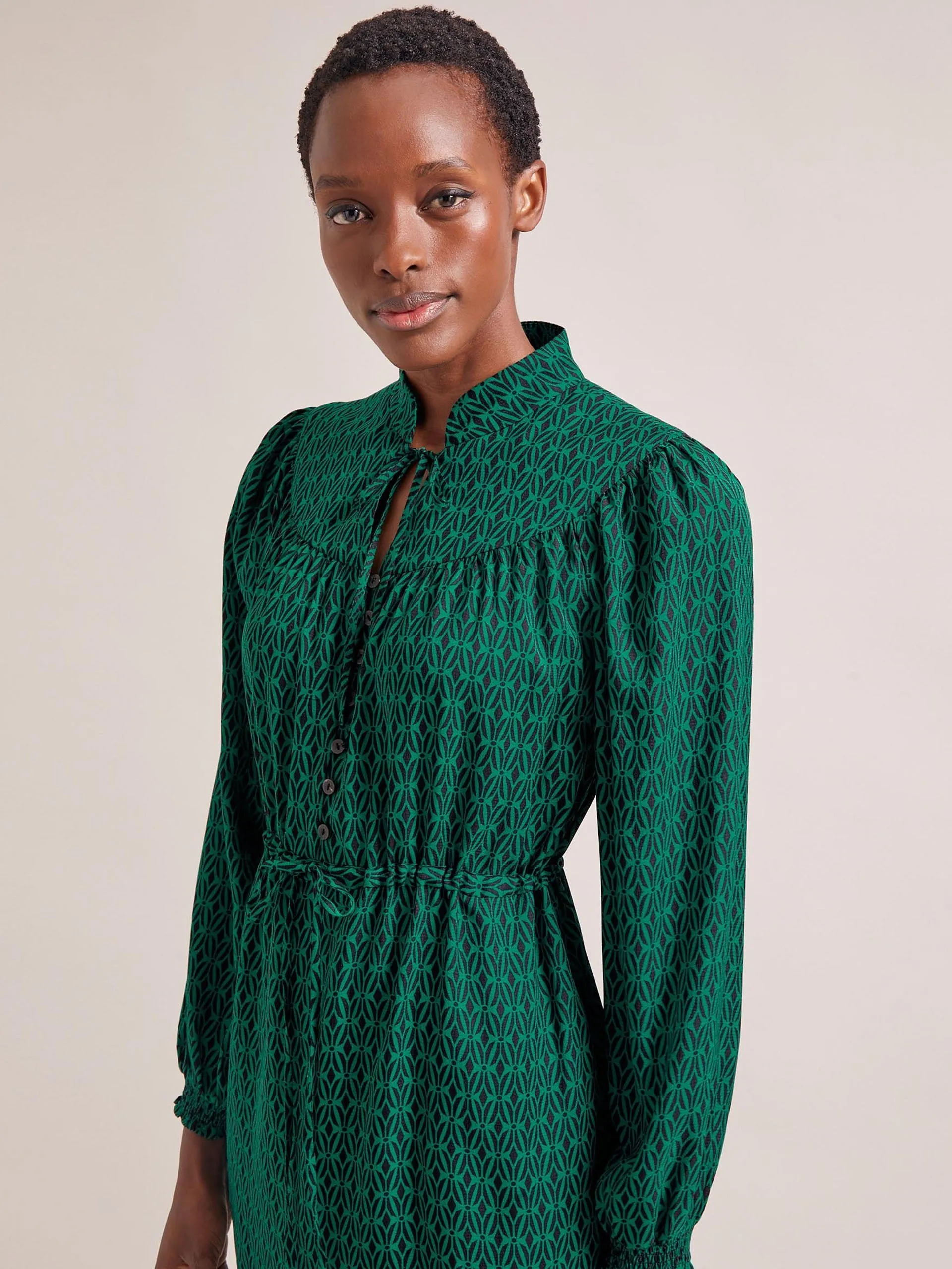 Green black trellis print Zahra midi dress