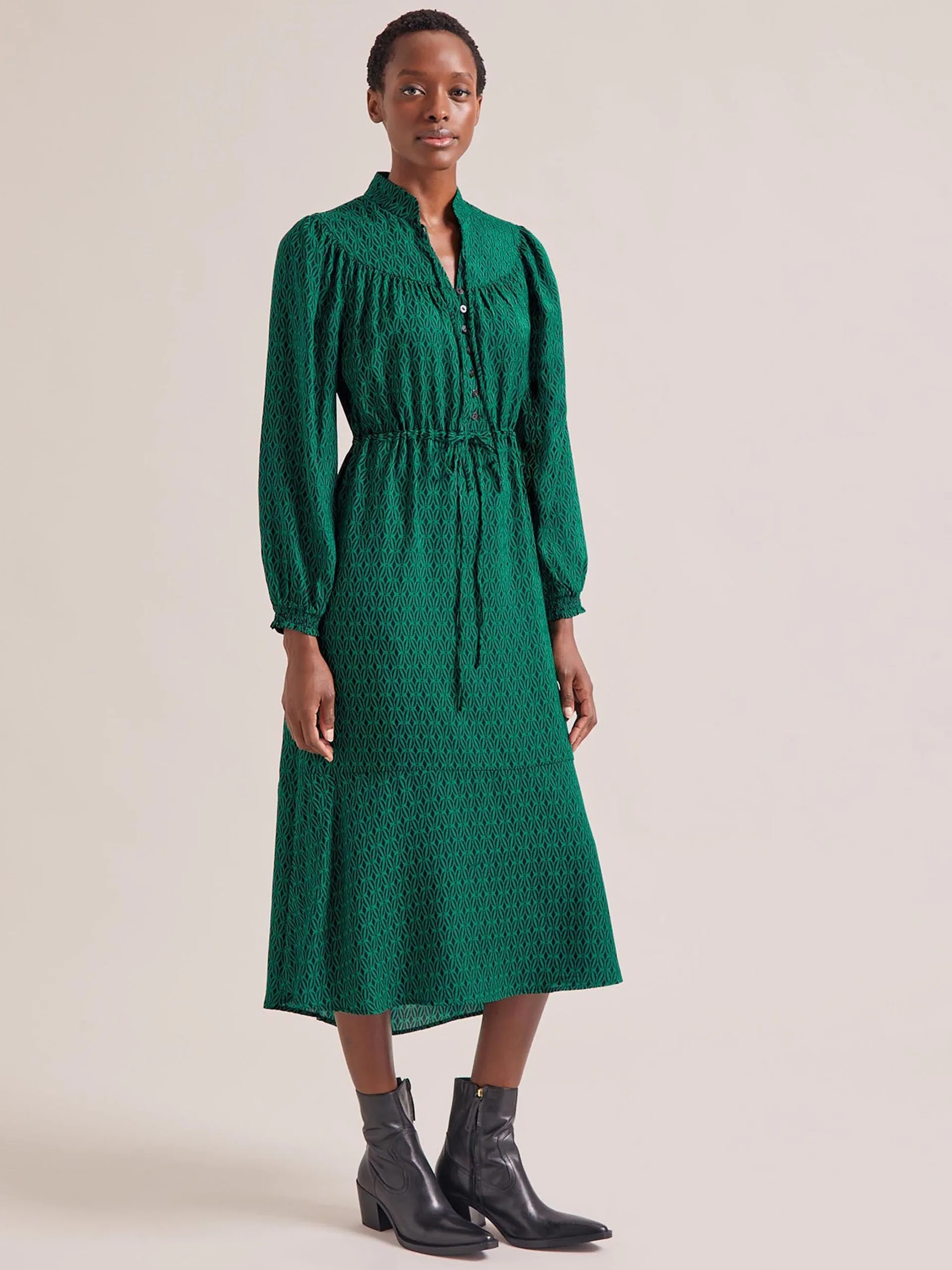 Green black trellis print Zahra midi dress