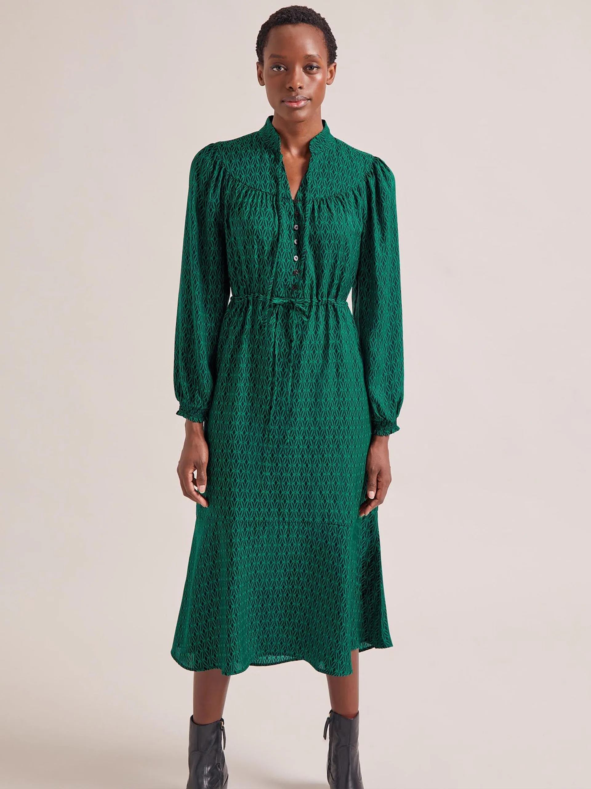Green black trellis print Zahra midi dress